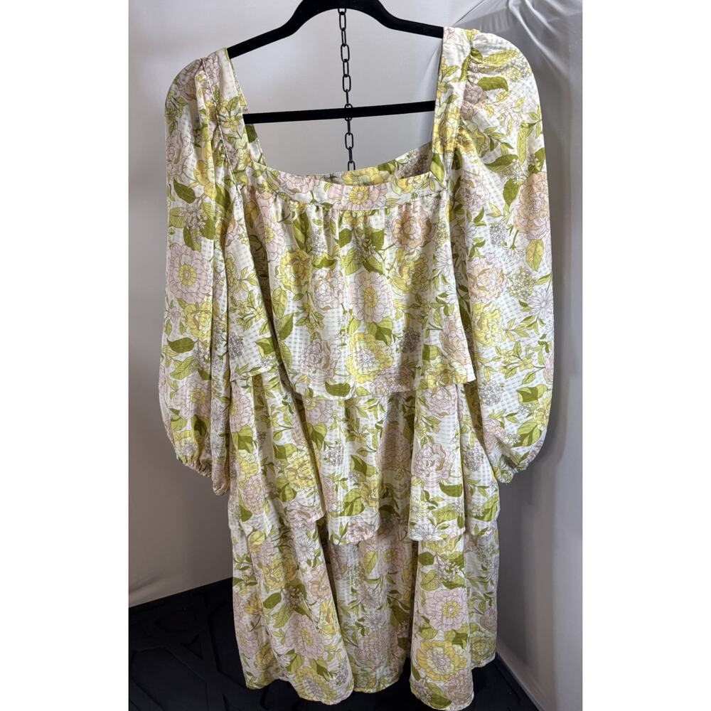 Who What Wear Floral Peasant Dress in Cream and Green